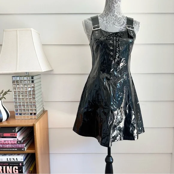 Vintage Lip Service Black Vinyl Pinafore Dress size M Y2K made in USA - Picture 13 of 13